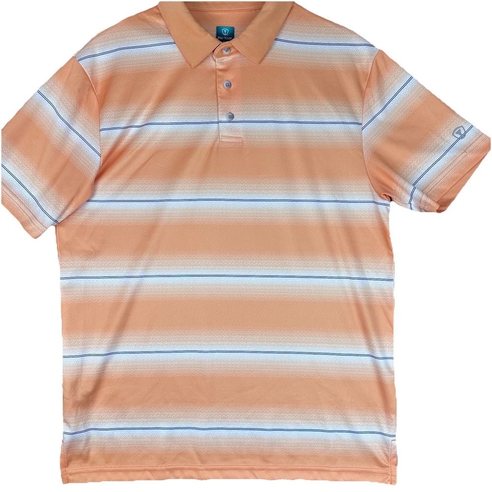 Pro Tour Coolplay Mens Medium Orange Striped Short Sleeve Golf Polo Shirt